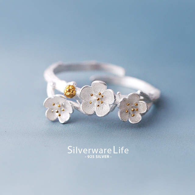 Anel elegante 925 anéis de prata esterlina flor de ameixa para mulheres tamanho ajustável anel de dedo joia estiloso 1
